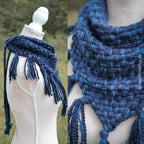 Handwoven triangle scarf in blue wool and alpaca, made from yarn scraps.