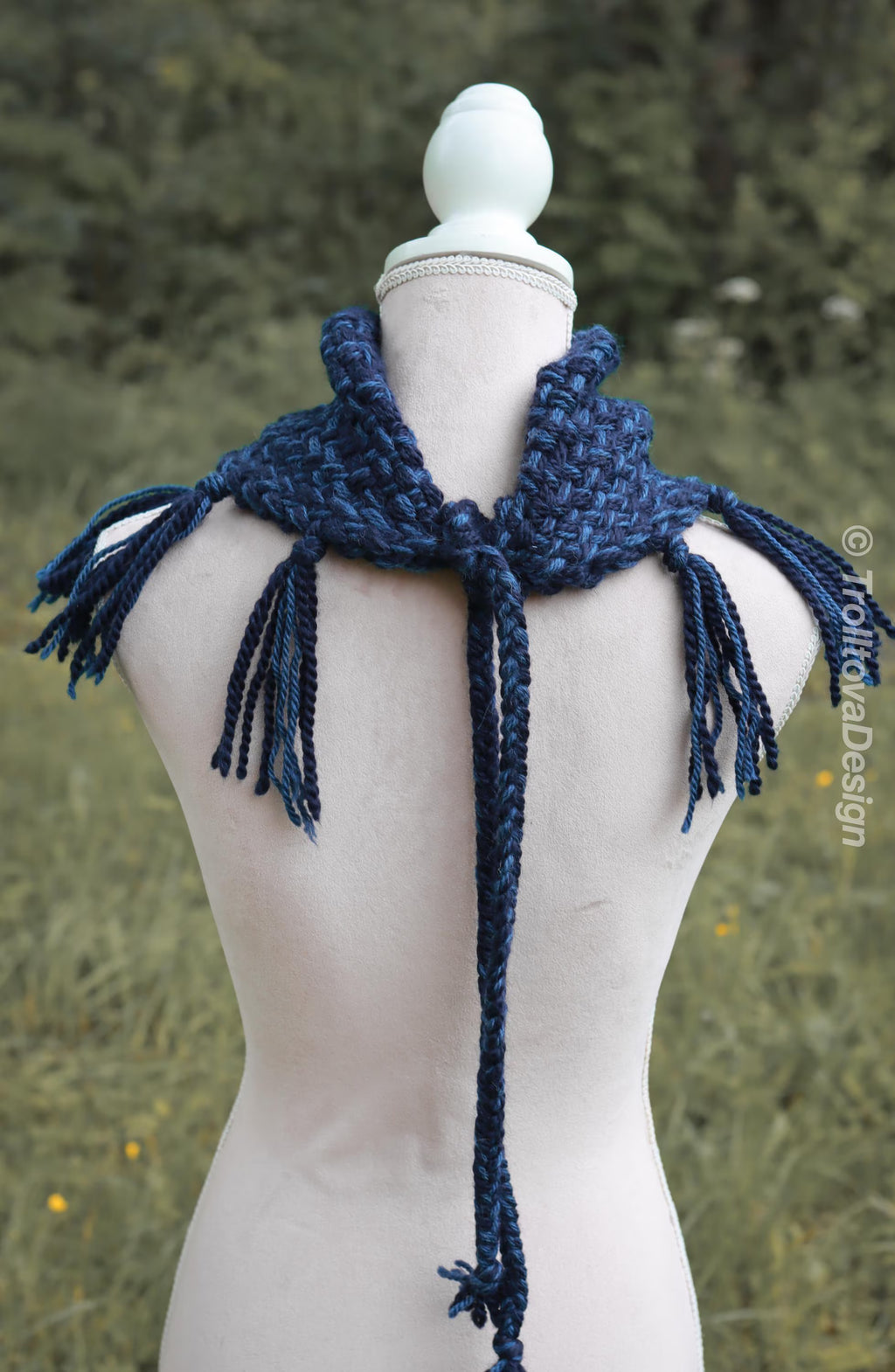 Handwoven triangle scarf in blue wool and alpaca, made from yarn scraps.