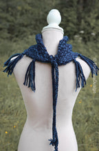 Handwoven triangle scarf in blue wool and alpaca, made from yarn scraps.