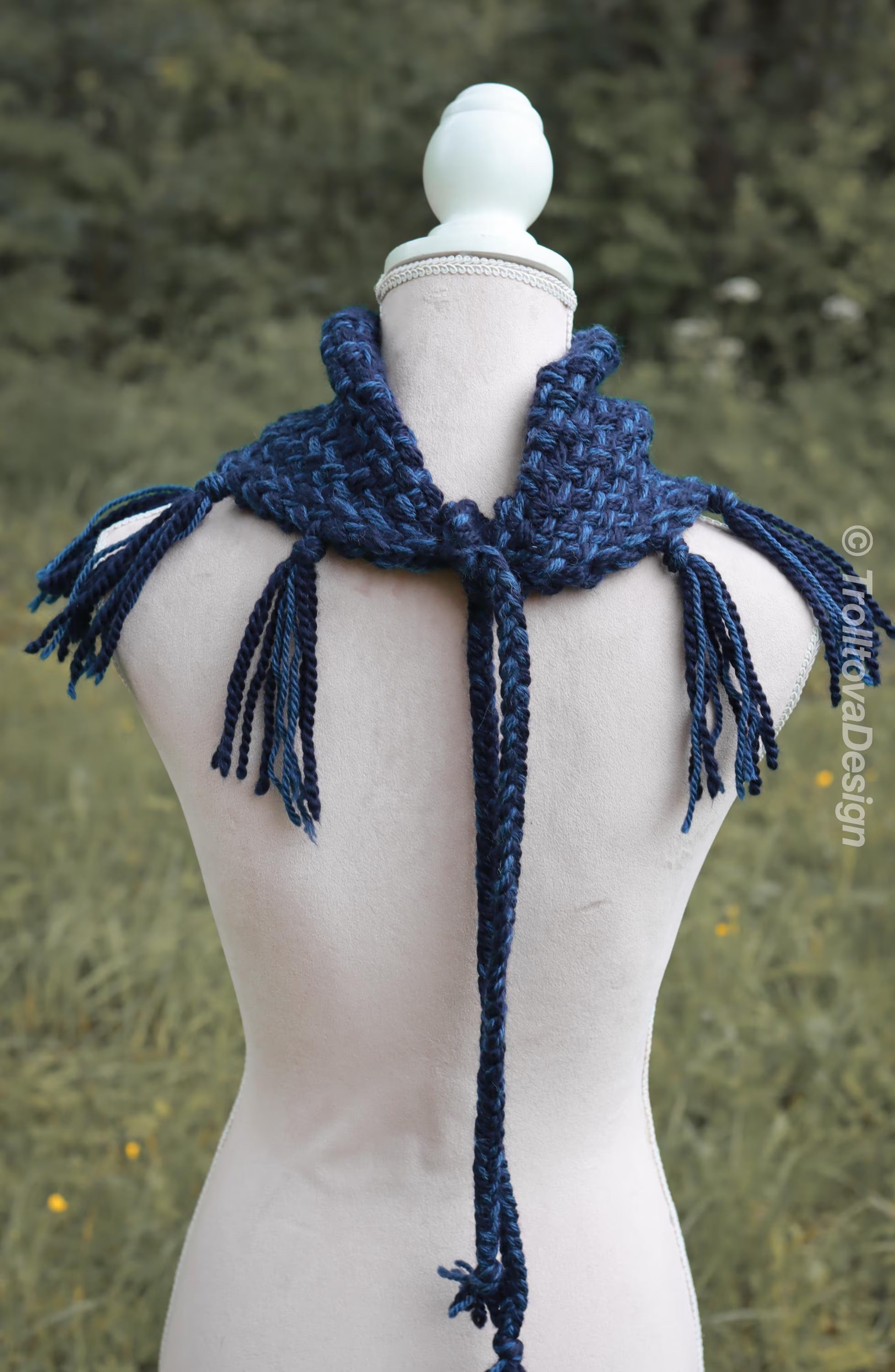 Handwoven triangle scarf in blue wool and alpaca, made from yarn scraps.