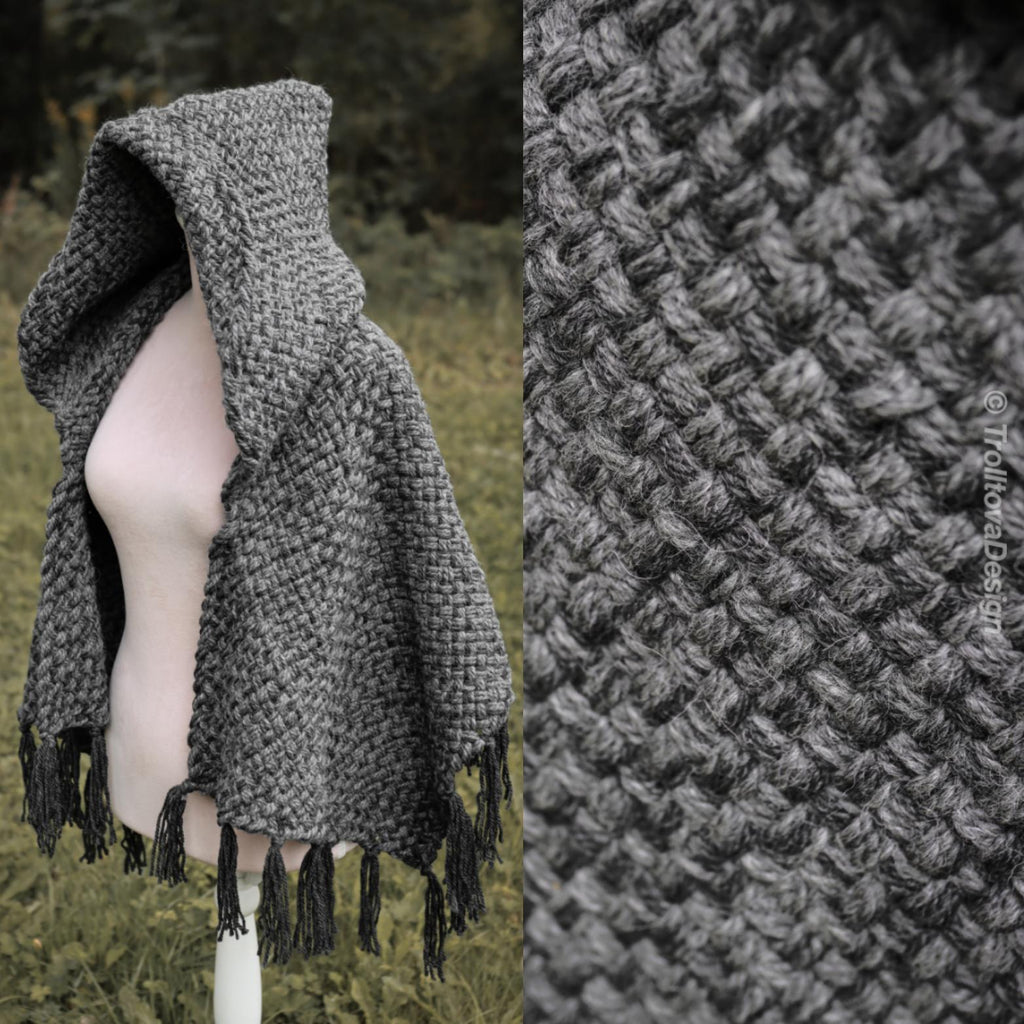 Handwoven hooded shawl in gray wool and alpaca.