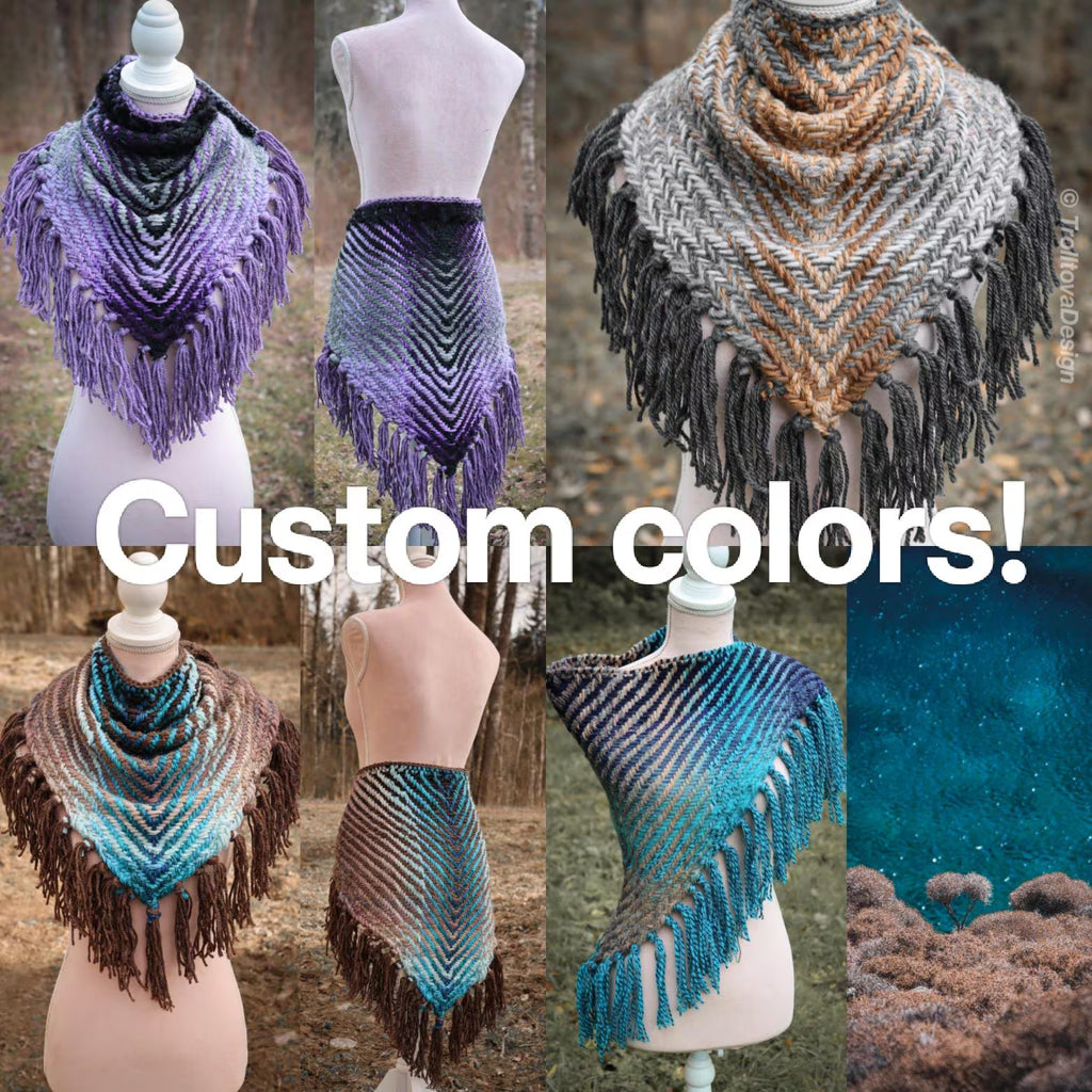 Custom-made handwoven triangle scrap yarn shawl in gradient colors. Please contact before purchase.