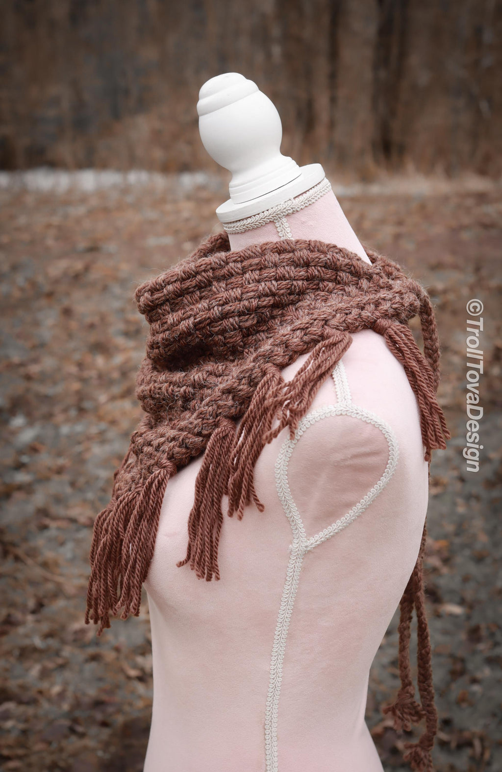 Handwoven triangle scarf in brown wool and alpaca made from scrap yarn.
