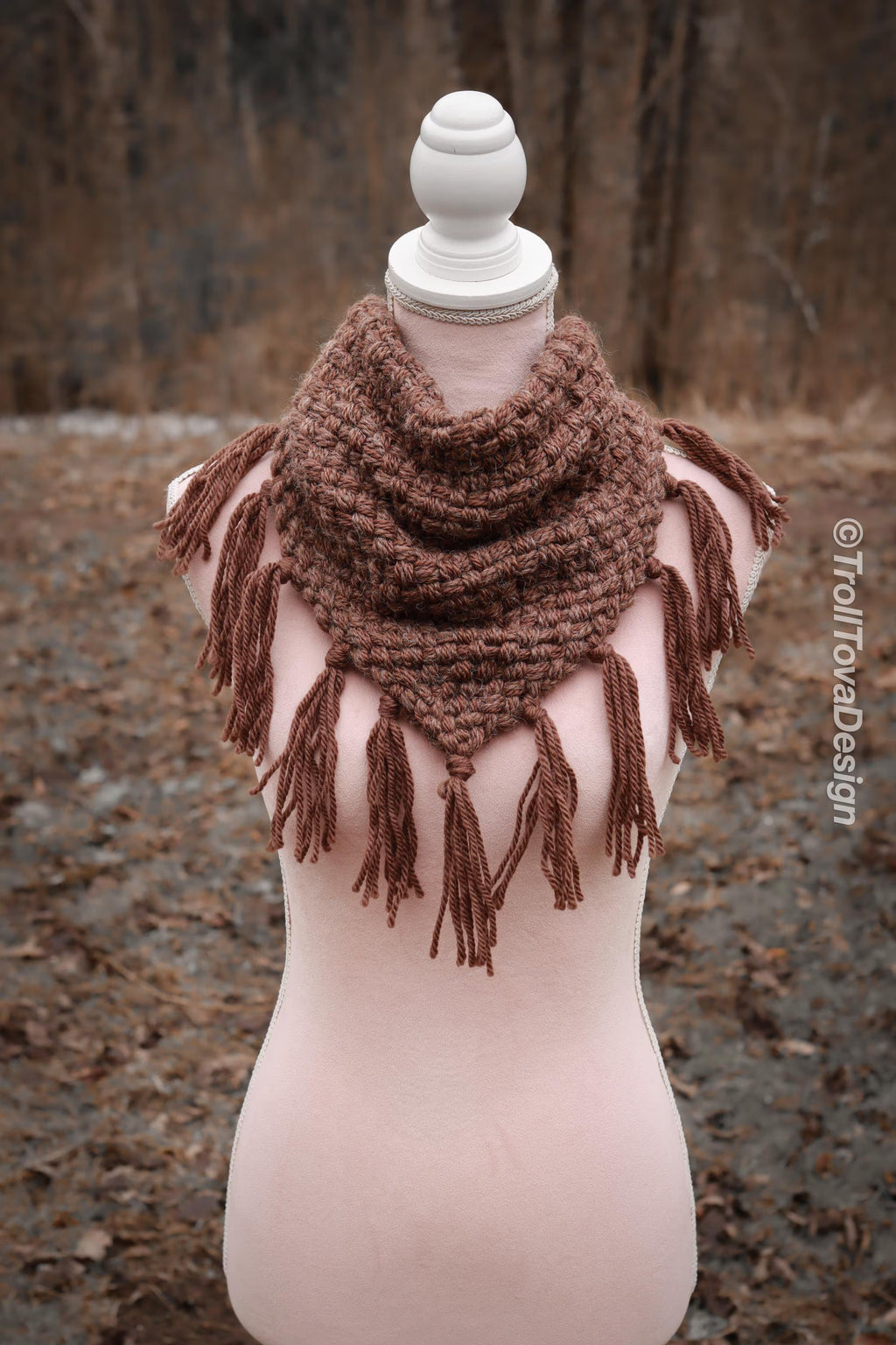 Handwoven triangle scarf in brown wool and alpaca made from scrap yarn.