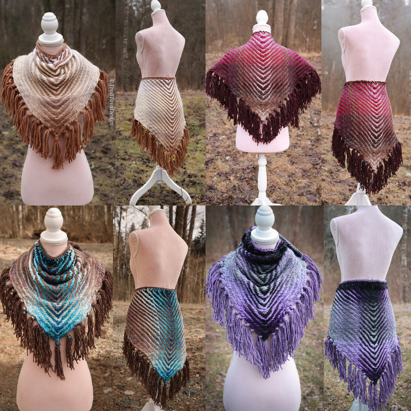 Custom-made triangle scrap yarn shawl in gradient colors.