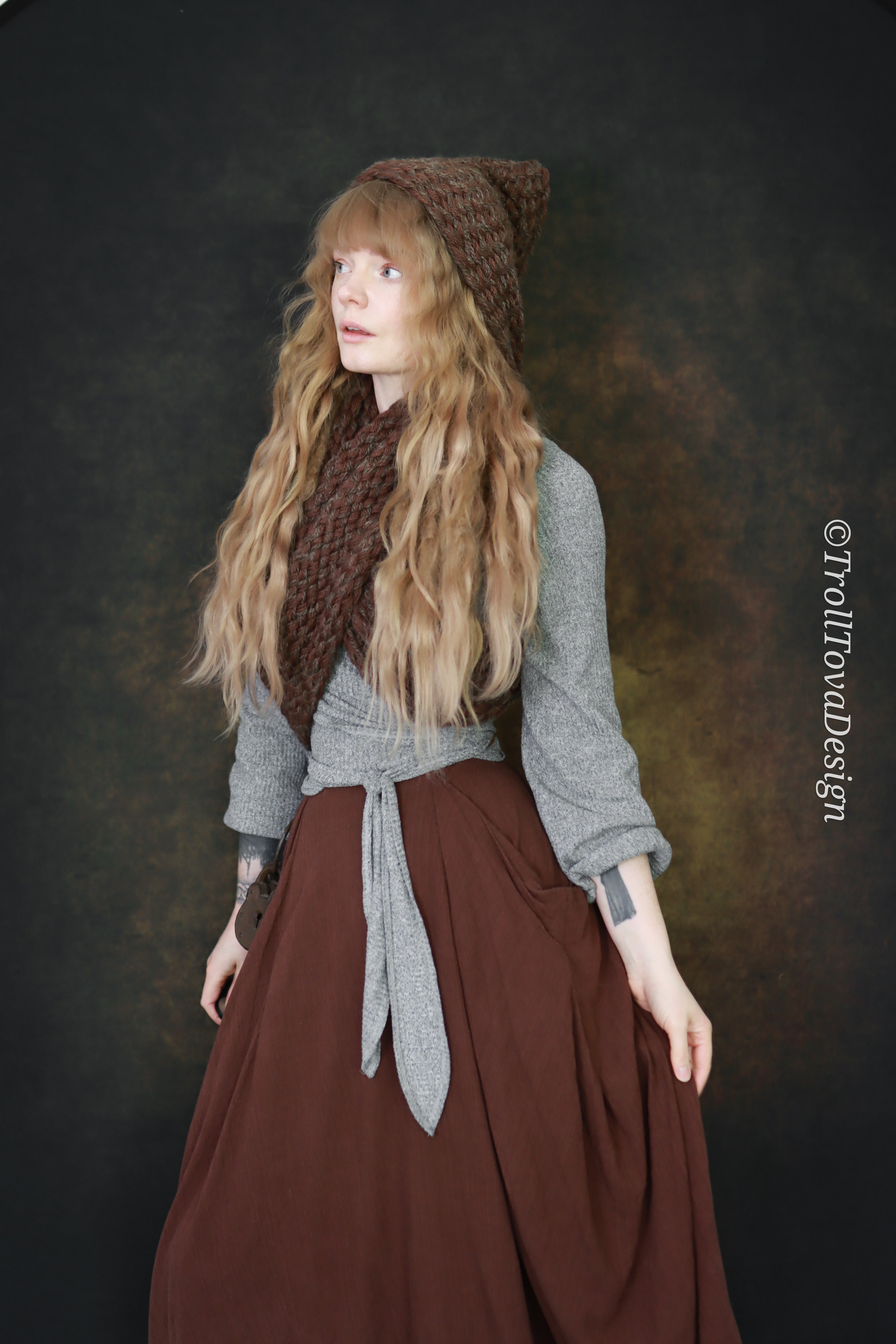 Handwoven extra long snood in brown wool and alpaca.
