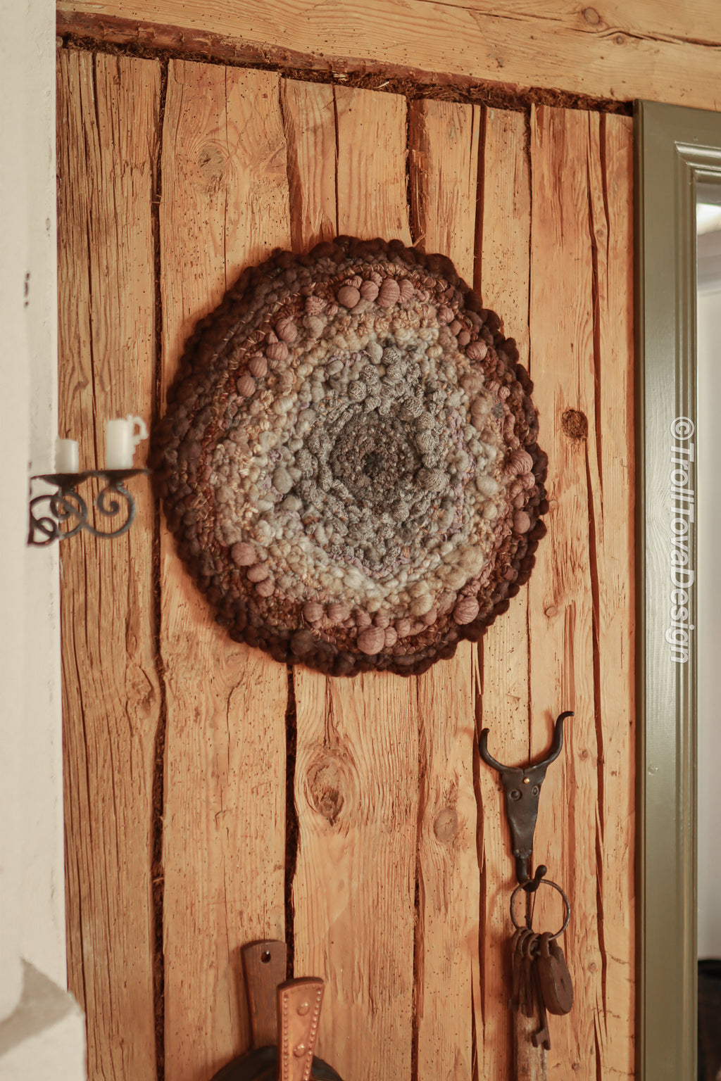 One of a kind handmade textile wall art in gray and brown.