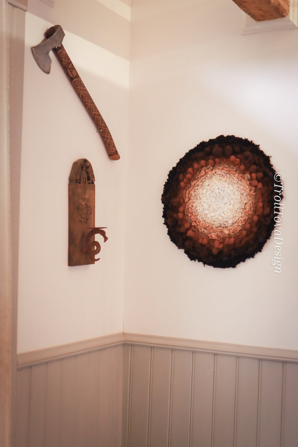 One of a kind handmade textile wall art in white, brown and black.