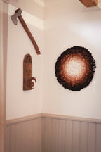 One of a kind handmade textile wall art in white, brown and black.