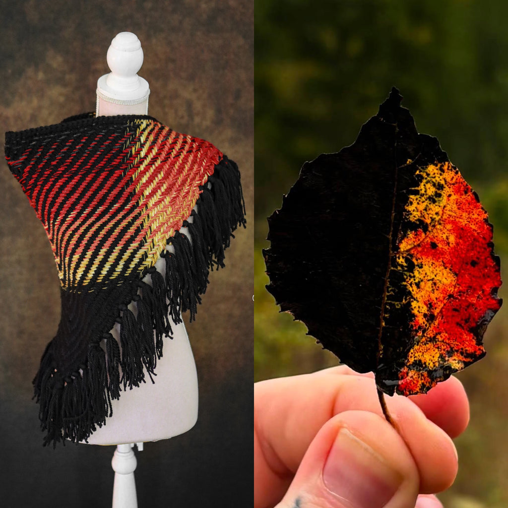 Handwoven triangle shawl made from yarn scraps.