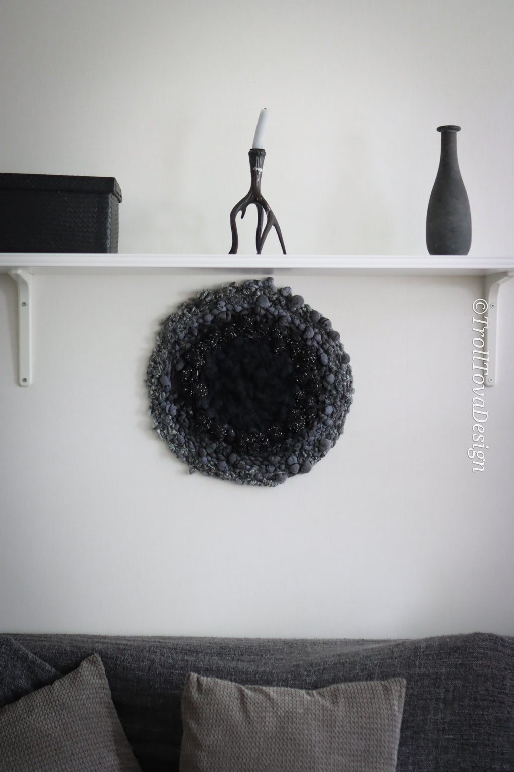 One of a kind handmade textile wall art in gray and black.