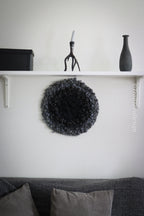 One of a kind handmade textile wall art in gray and black.