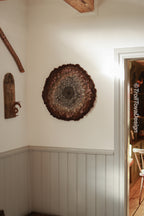One of a kind handmade textile wall art in gray and brown.