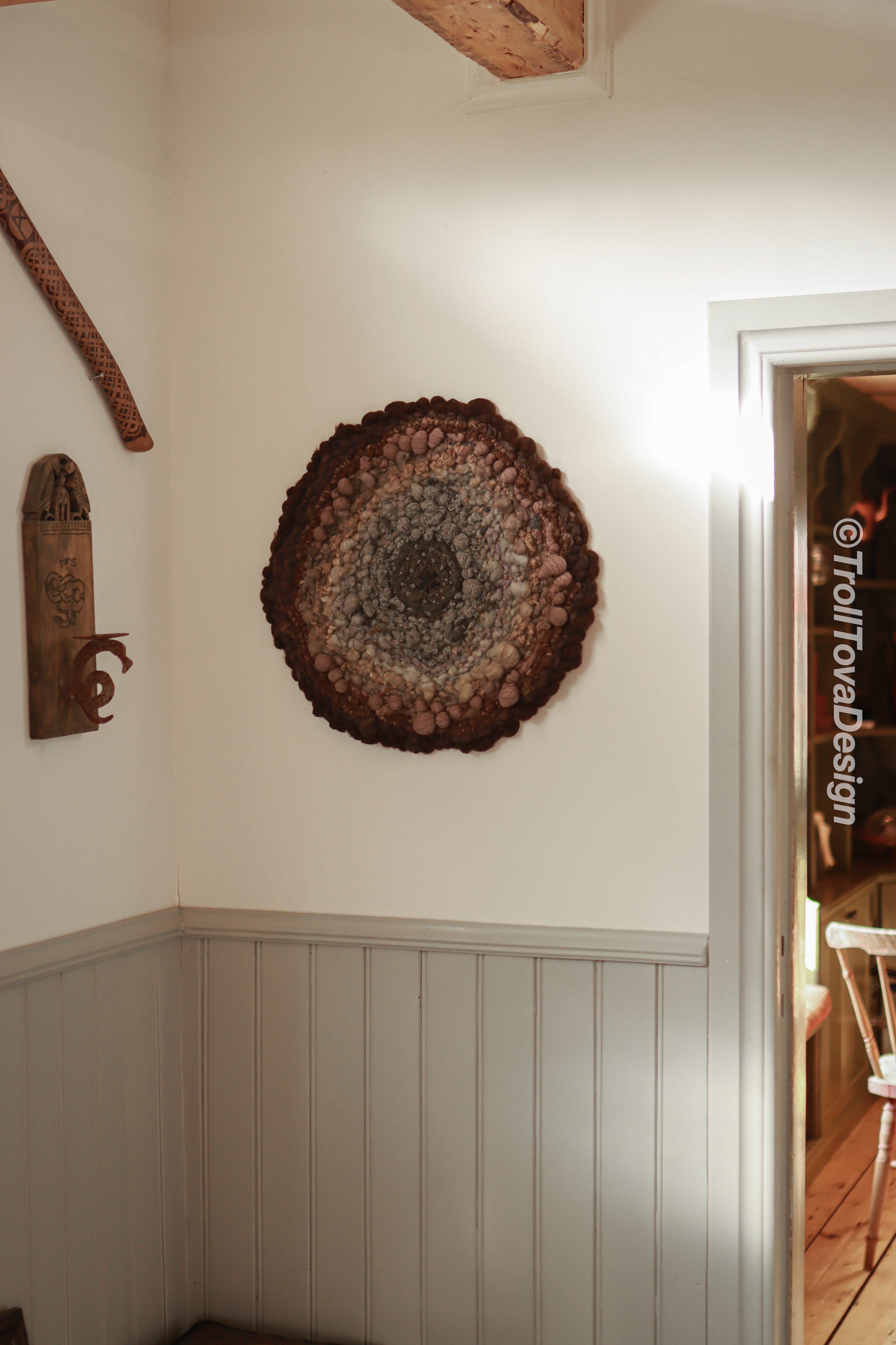One of a kind handmade textile wall art in gray and brown.