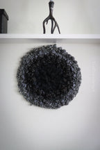 One of a kind handmade textile wall art in gray and black.