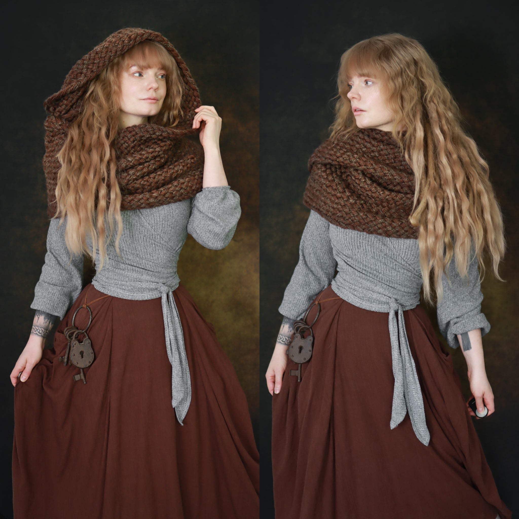 Handwoven extra long snood in brown wool and alpaca.