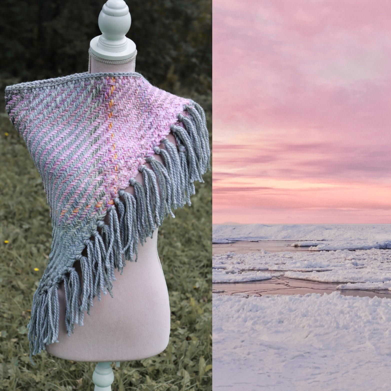 Handwoven triangle shawl made from yarn scraps.