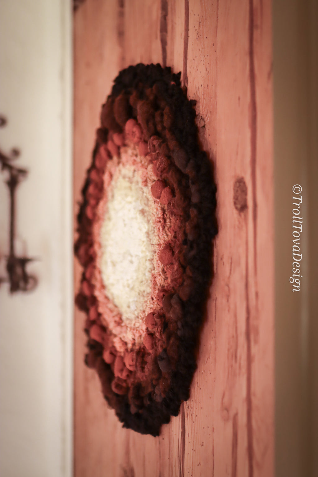 One of a kind handmade textile wall art in white, brown and black.