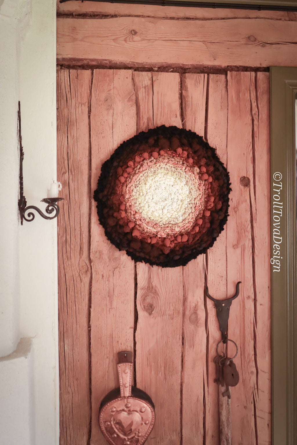 One of a kind handmade textile wall art in white, brown and black.