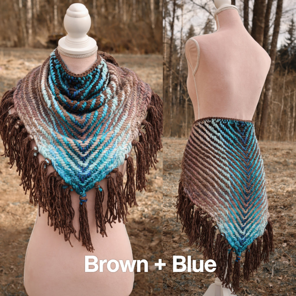 Custom-made handwoven triangle scrap yarn shawl in gradient colors. Please contact before purchase.