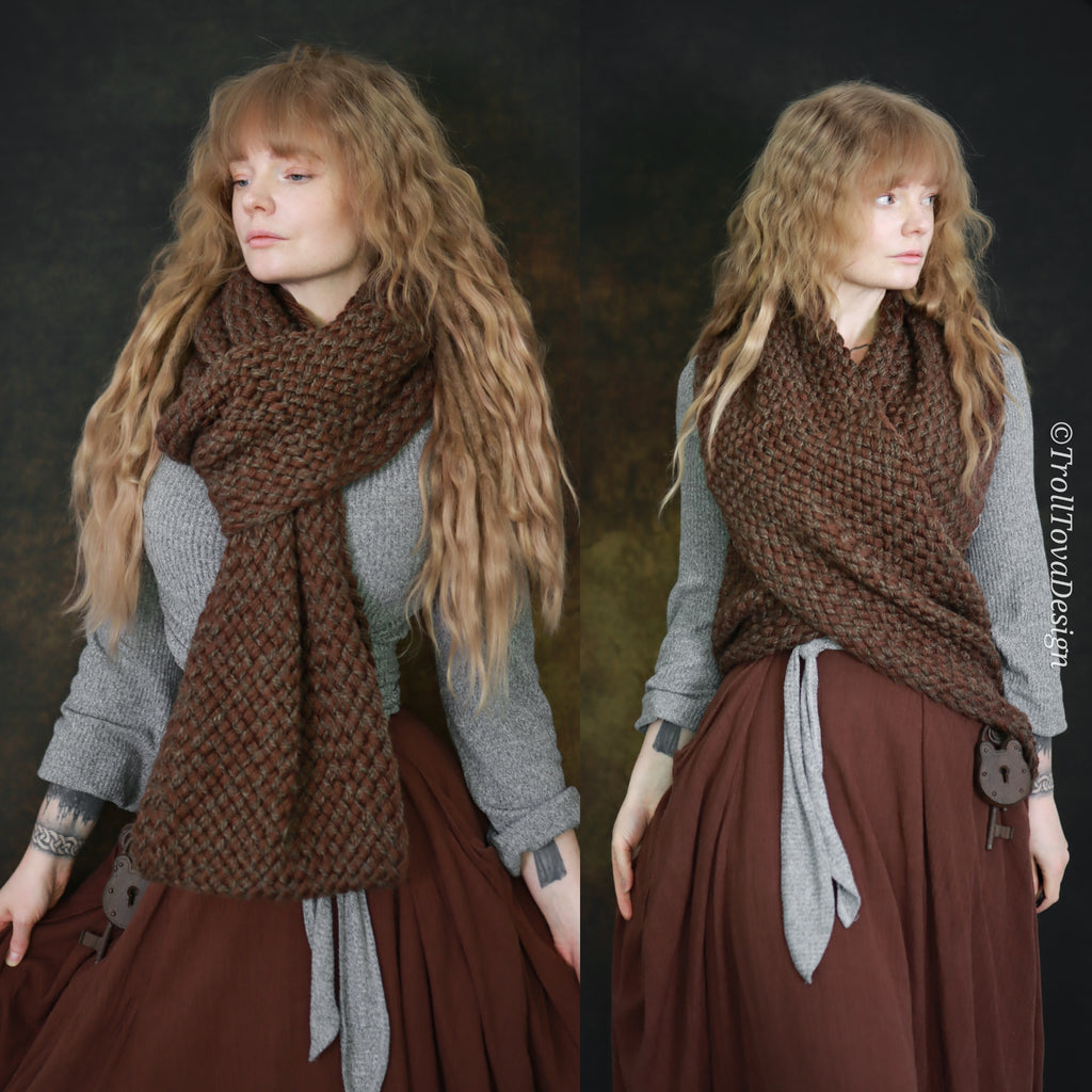 Handwoven extra long snood in brown wool and alpaca.