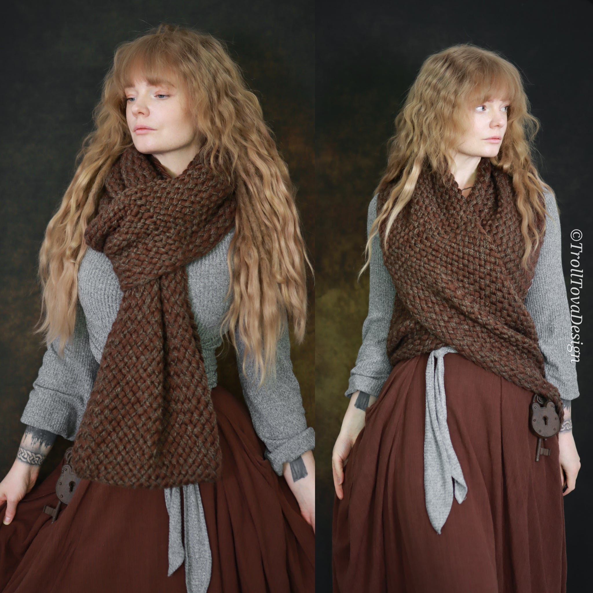 Handwoven extra long snood in brown wool and alpaca.