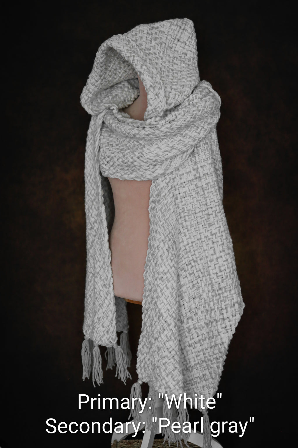 Custom-made extra long hooded shawl in the colors of your choice. Handwoven. Please contact before purchase.
