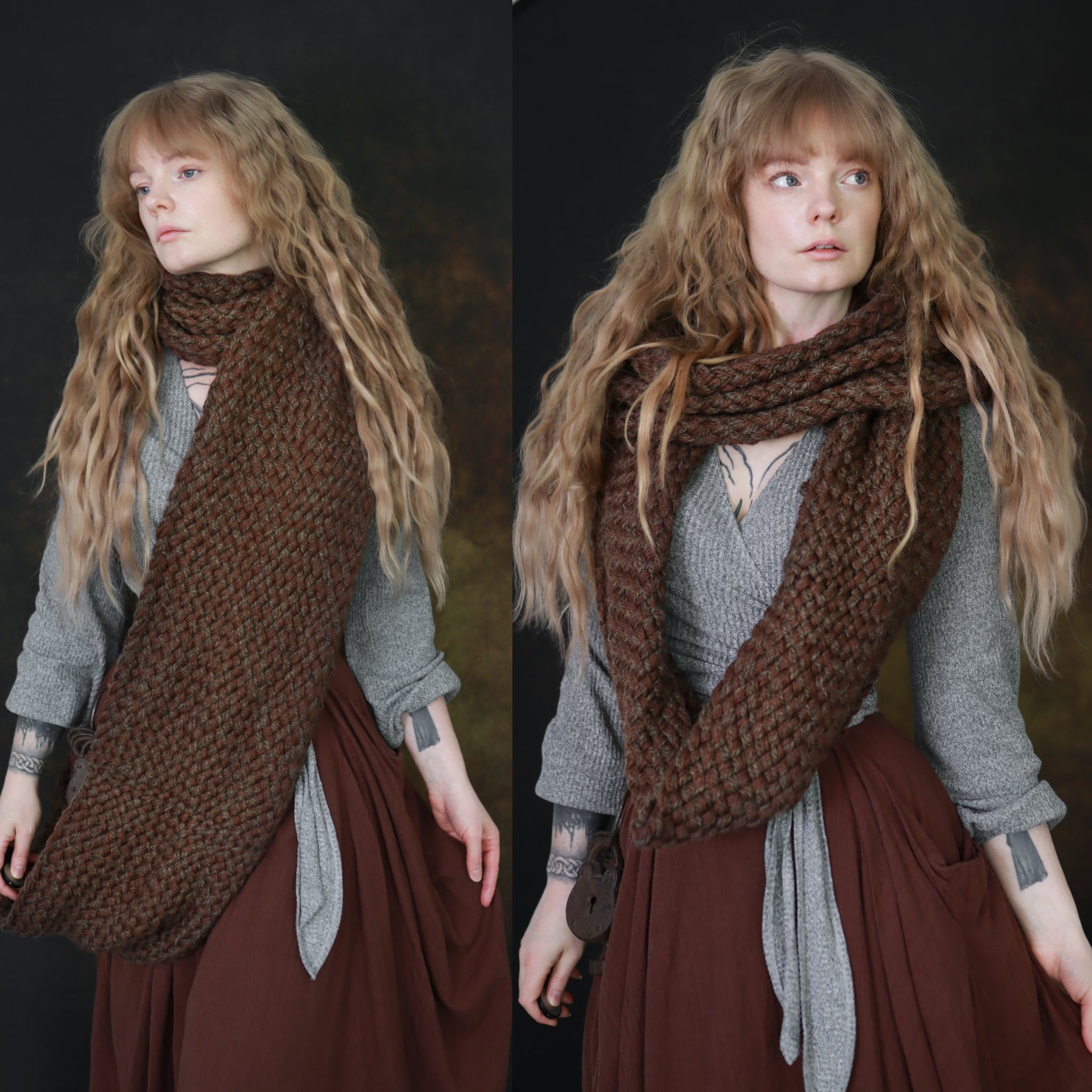Handwoven extra long snood in brown wool and alpaca.