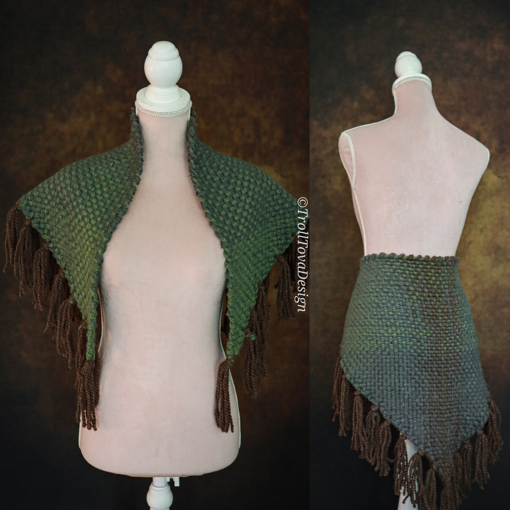Handwoven triangle shawl made from yarn scraps.