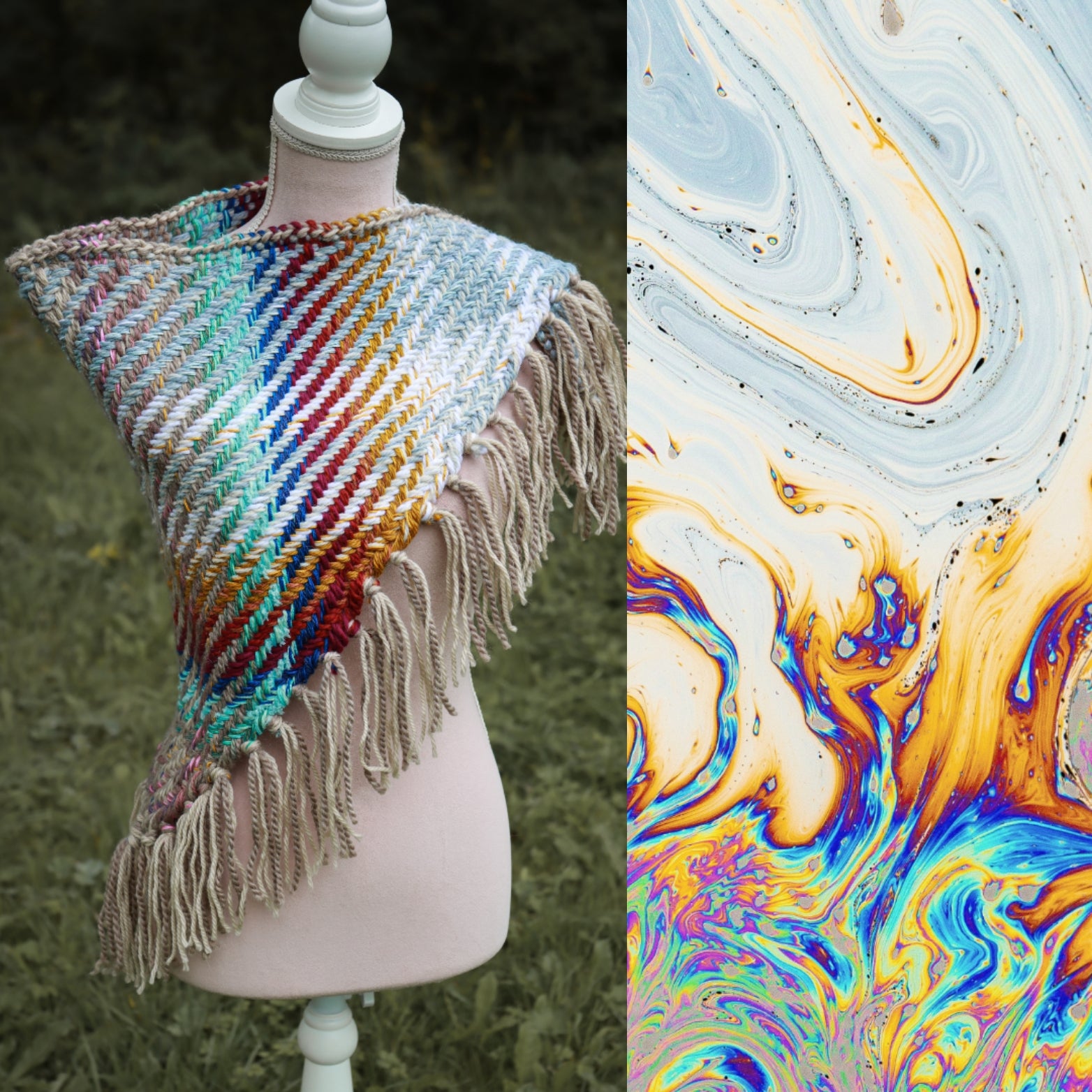 Handwoven triangle shawl made from yarn scraps.