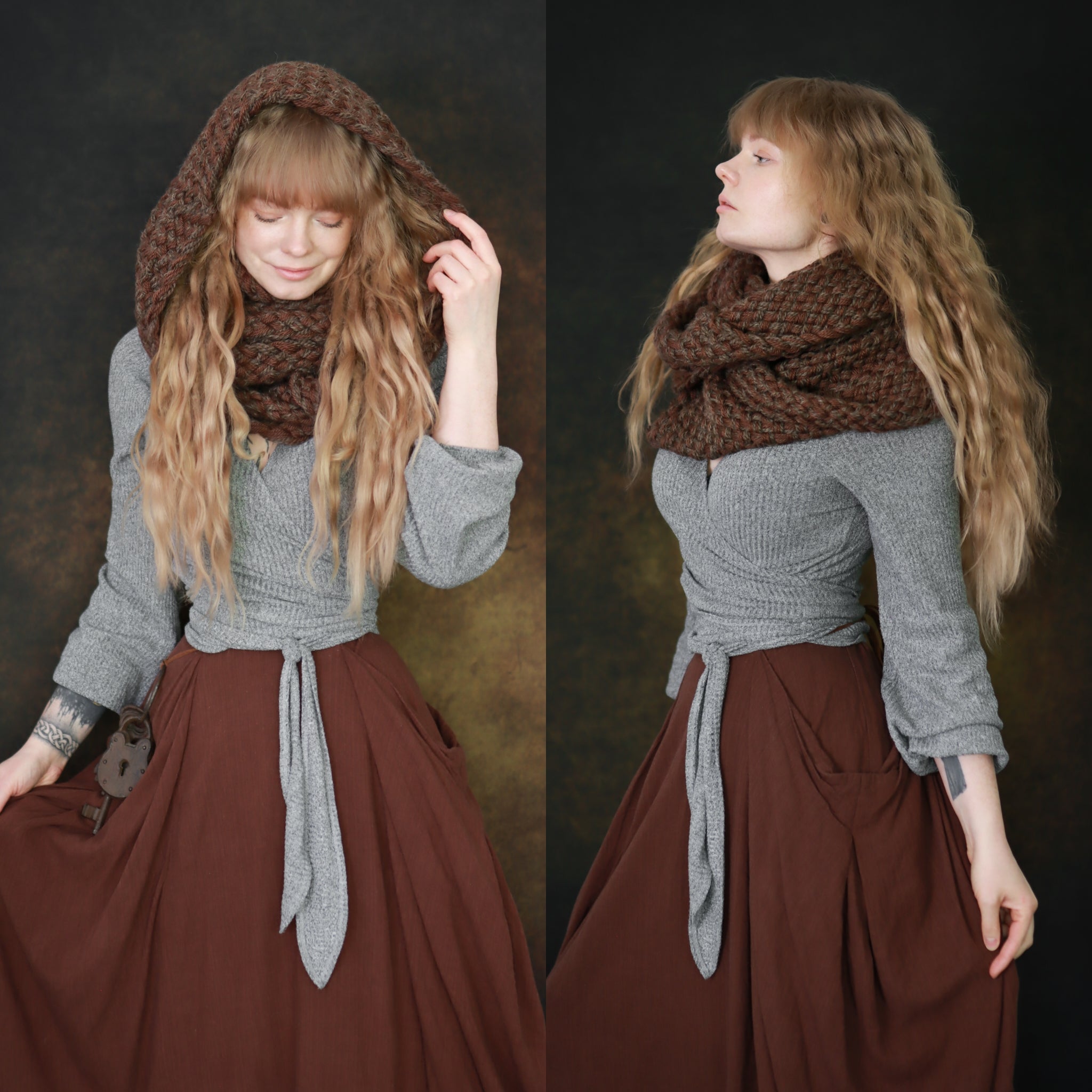 Handwoven extra long snood in brown wool and alpaca.