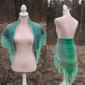 Handwoven triangle shawl made from yarn scraps.