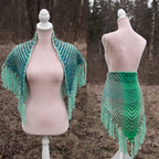 Handwoven triangle shawl made from yarn scraps.