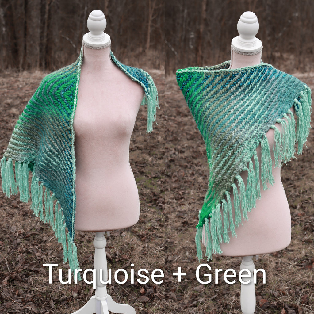 Custom-made handwoven triangle scrap yarn shawl in gradient colors. Please contact before purchase.