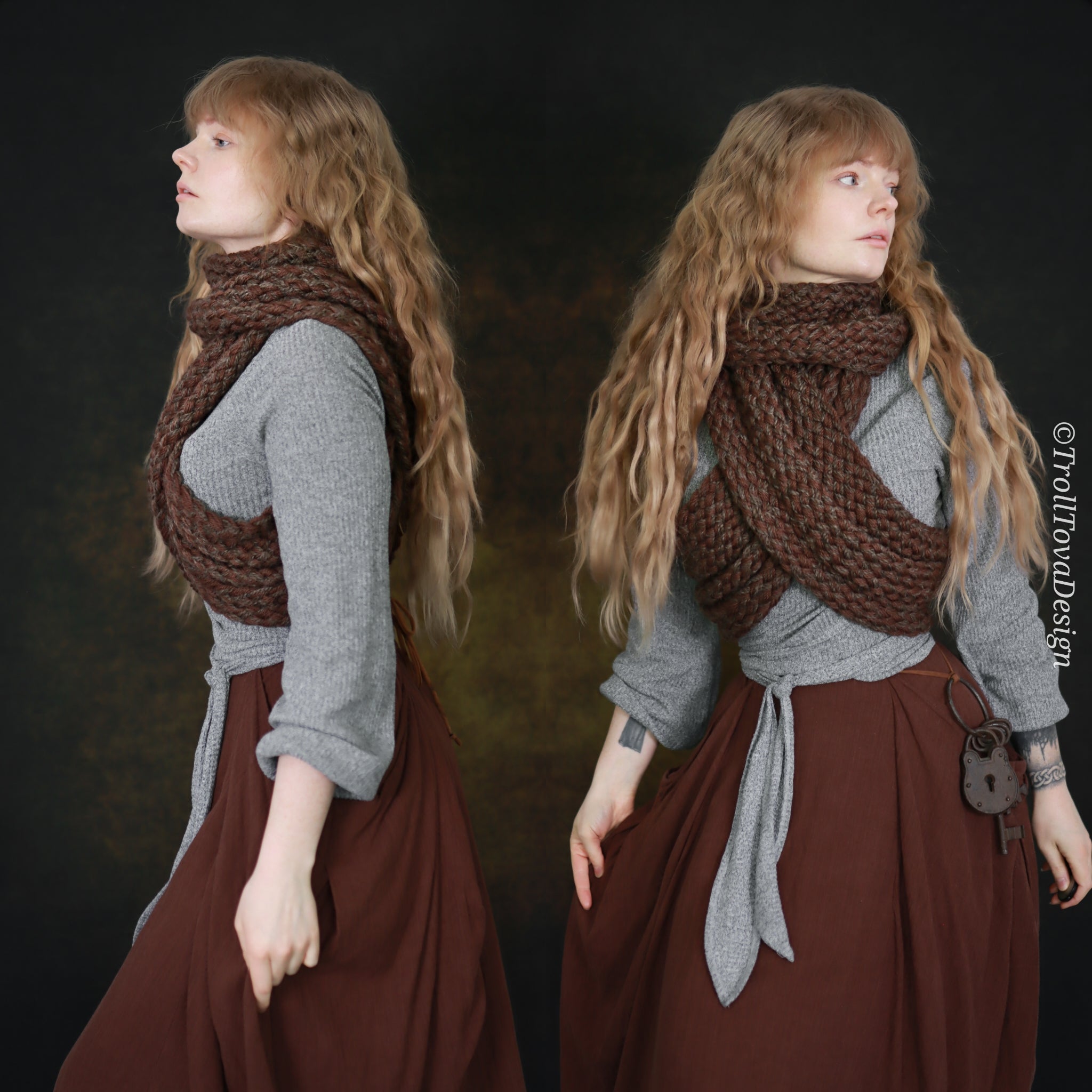 Handwoven extra long snood in brown wool and alpaca.